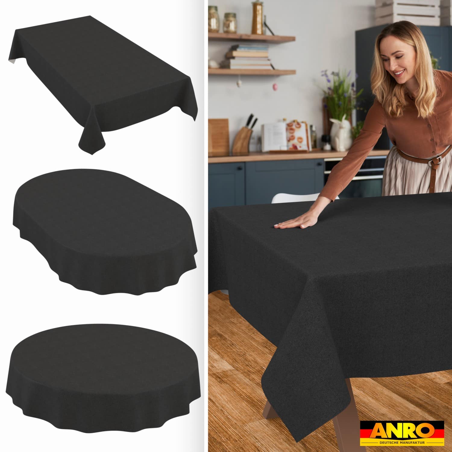 Tischdecke abwaschbar Tischwäsche Gartentischdecke Leinenoptik Baumwolle Polyester Anthrazit