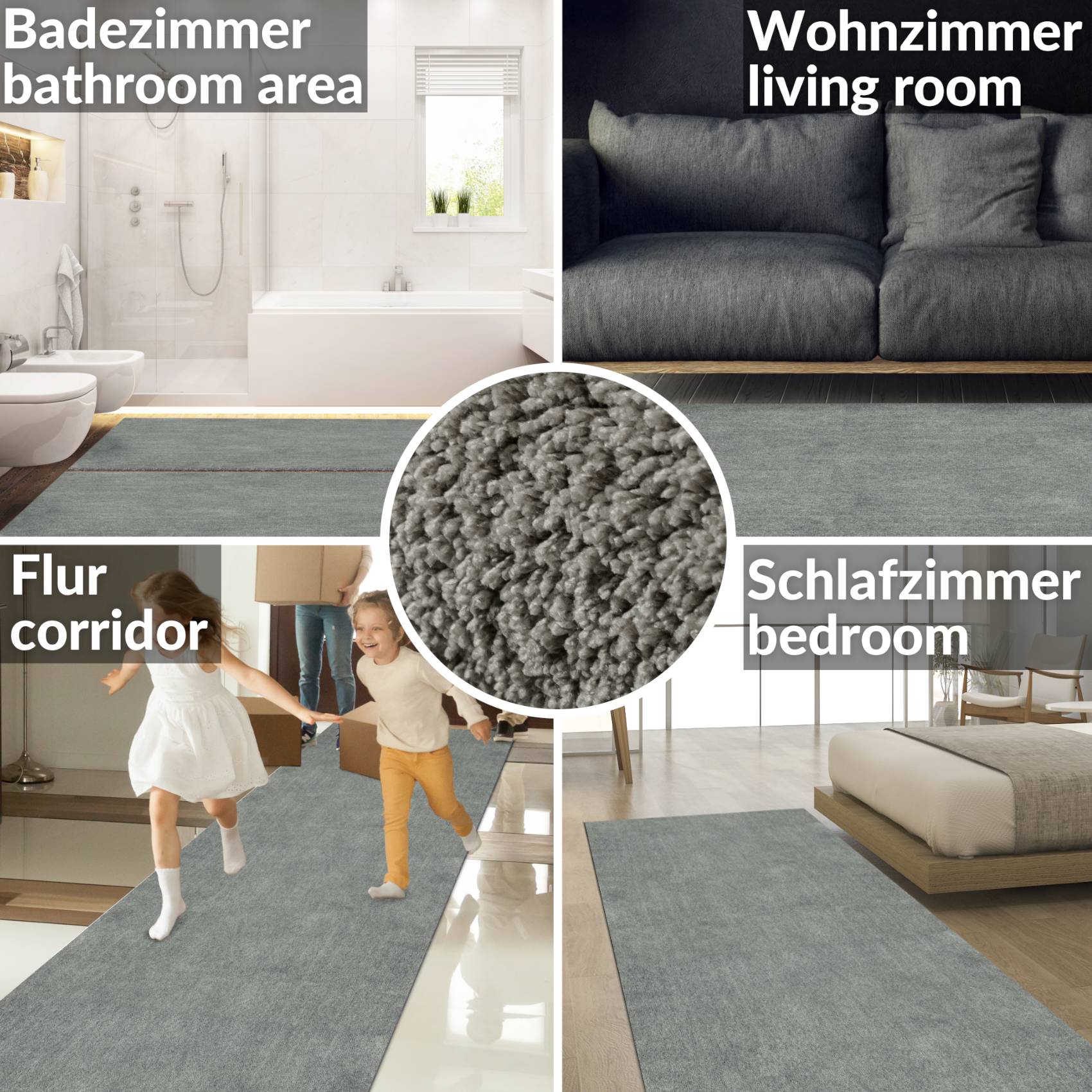 Grauer, einfarbiger Kurzflor-Teppichläufer in Wohnräumen, Bad und Flur ausgelegt.