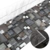 TGLAUF765_12A Küchenläufer in grauer Holzoptik mit quadratischem Mosaikmuster und Struktur-Detailansicht.