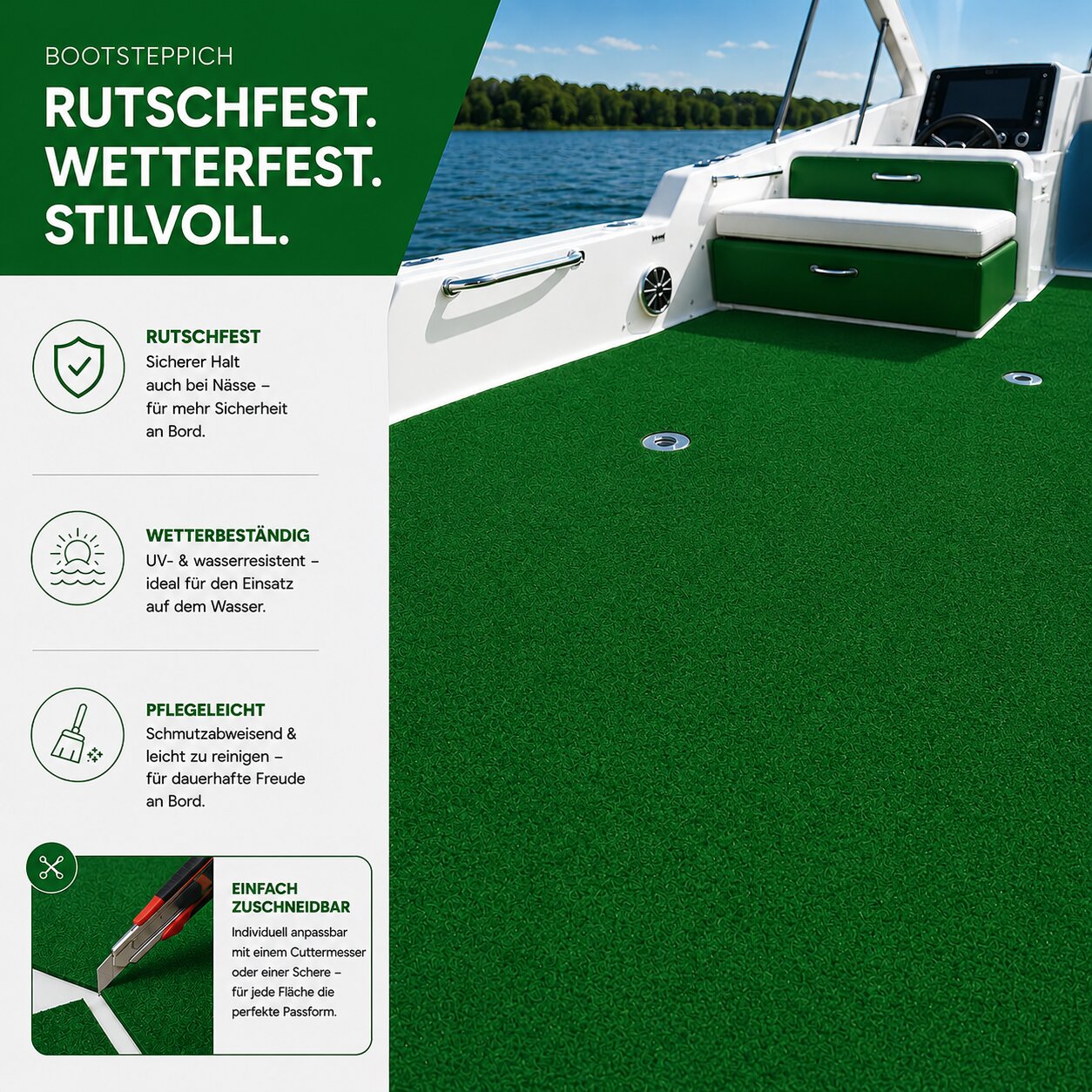 Bootsteppich nach Maß Grün Teppichboden für Boote