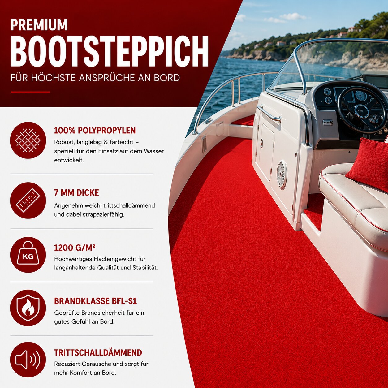 Bootsteppich nach Maß Rot Teppichboden für Boote