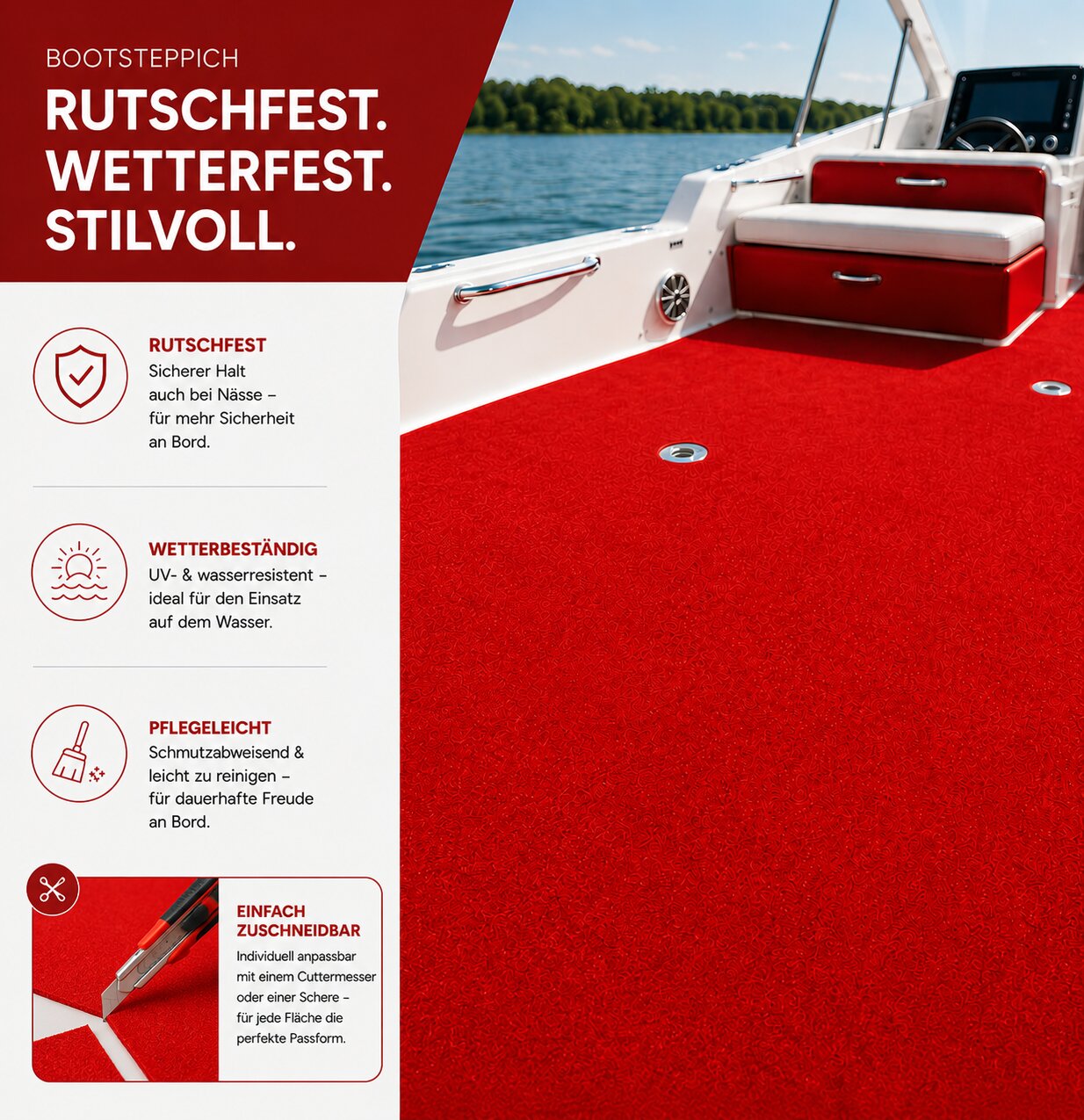 Bootsteppich nach Maß Rot Teppichboden für Boote