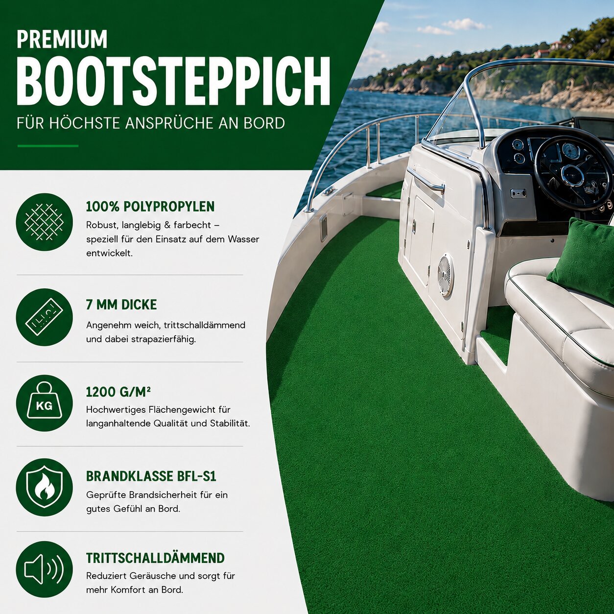 Bootsteppich nach Maß Grün Teppichboden für Boote