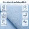 BMBLAU_50 Hellblauer Küchenläufer mit Icons zu Produktvorteilen wie Weichheit, Saugfähigkeit und Zuschneidbarkeit.