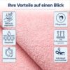 BMROSA_50 Rosa Mikrofaser-Küchenläufer mit Infografik zu den Vorteilen und Eigenschaften.