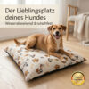 KSDOG-BEIG_70 Beiges, abwaschbares Hundekissen mit Hundemotiv, darauf ein liegender brauner Hund.