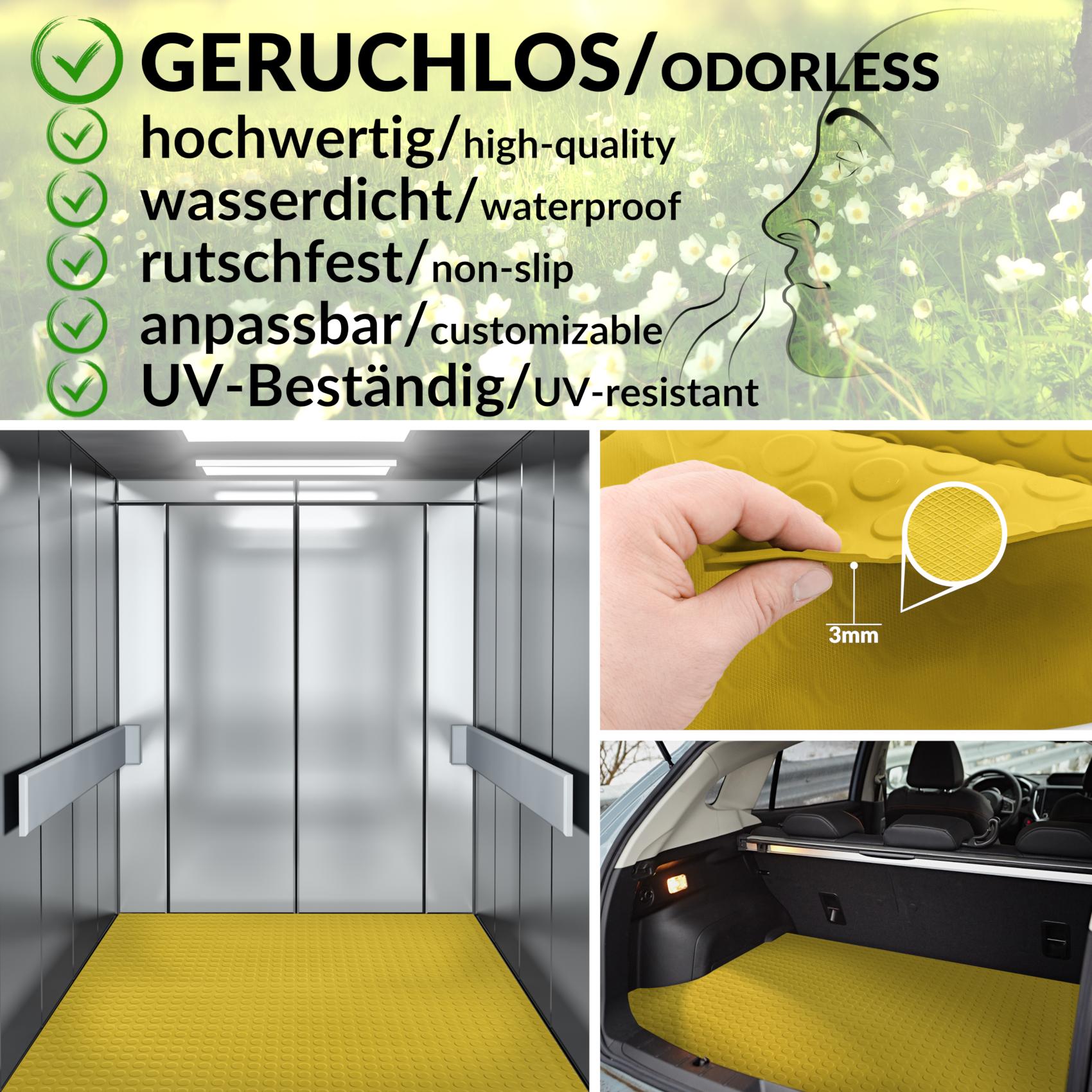 TNOROT_40 Gelber TPE-Bodenbelag mit Noppenstruktur in Aufzug und Kofferraum, 3mm stark.