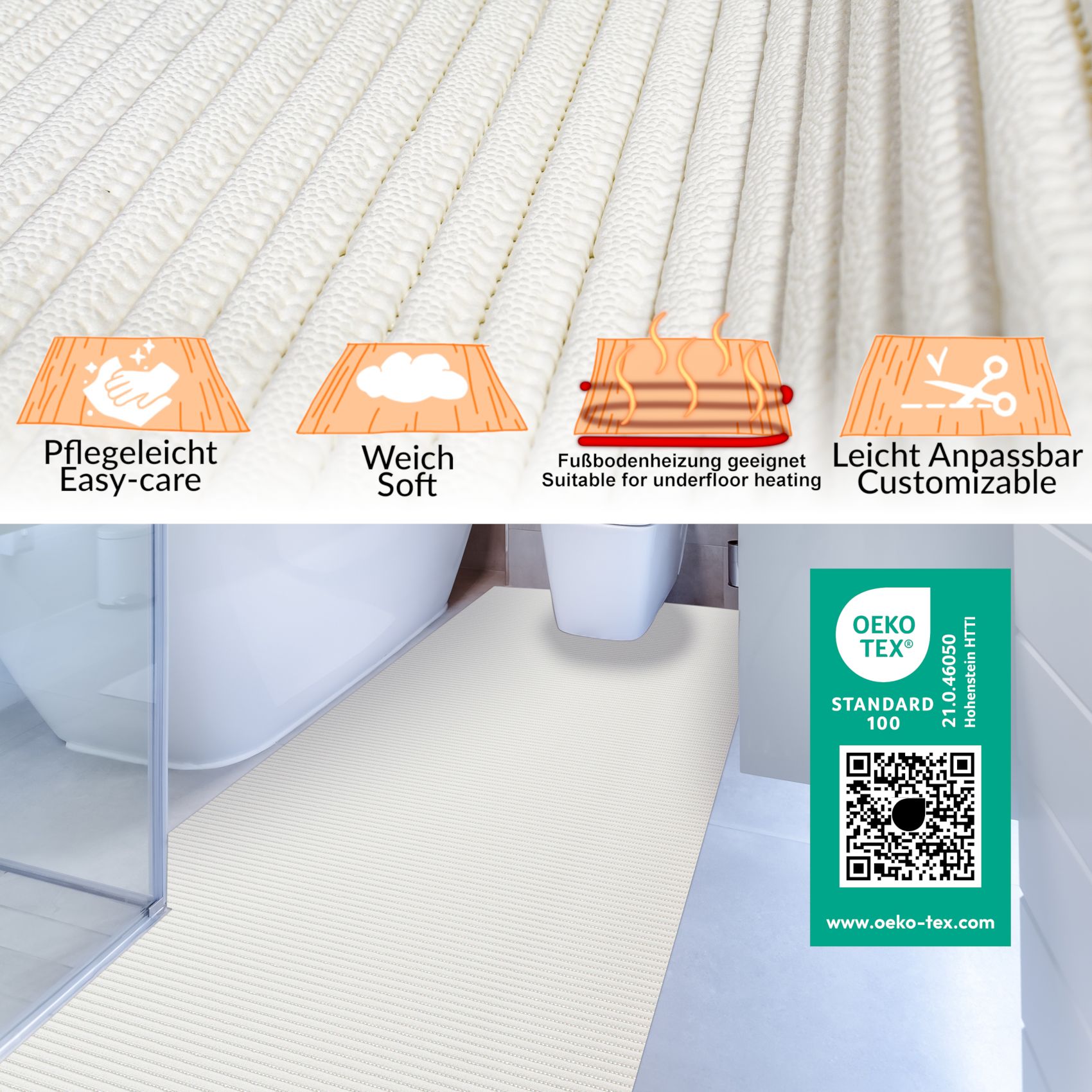 BM01-065_13 Weiße Badematte 65x95 cm mit Produkteigenschaften und Oeko-Tex Zertifizierung im Badezimmer.