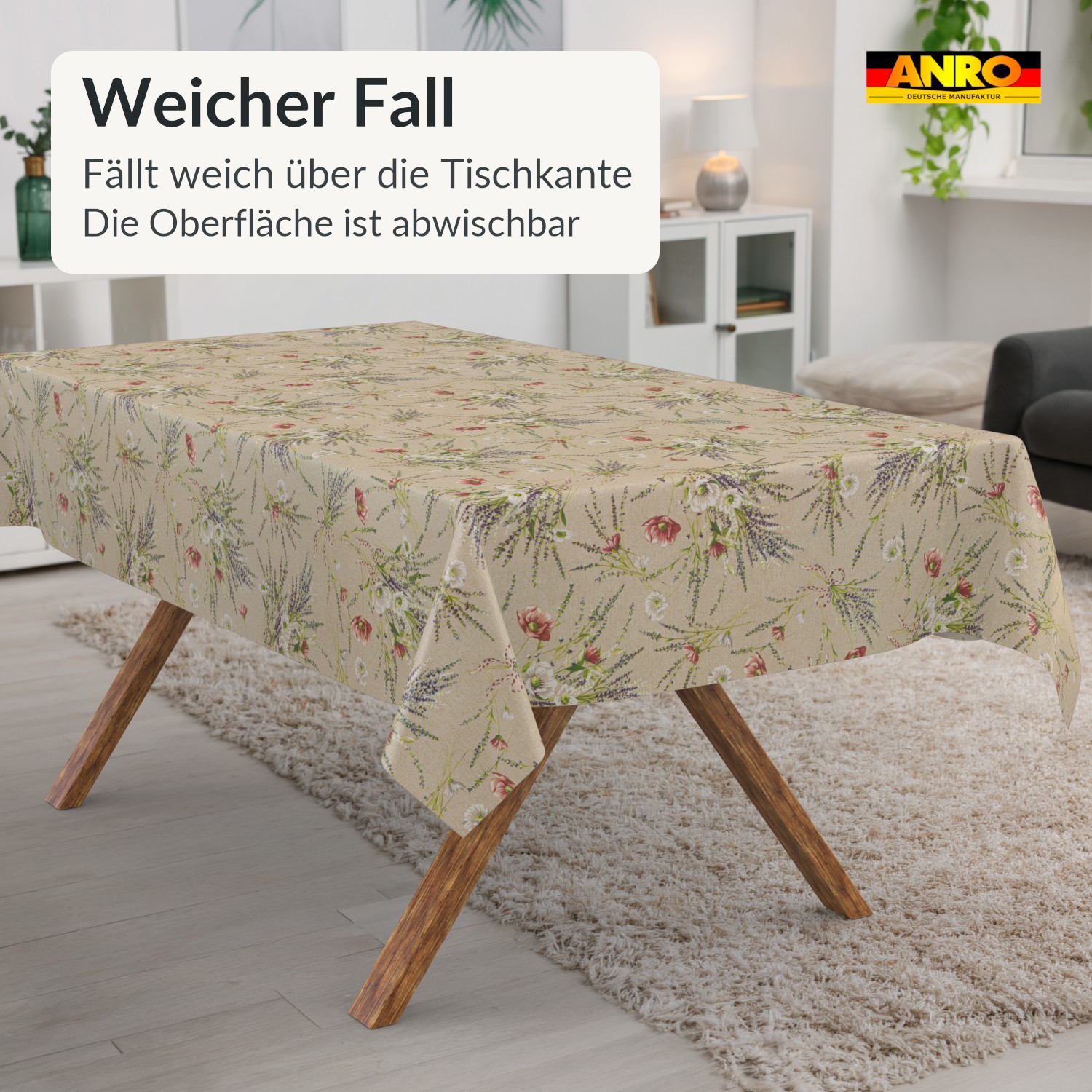 Wachstuch Tischdecke abwaschbar Adriana Lavendel Wiesenblumen Beige – Ansicht 4