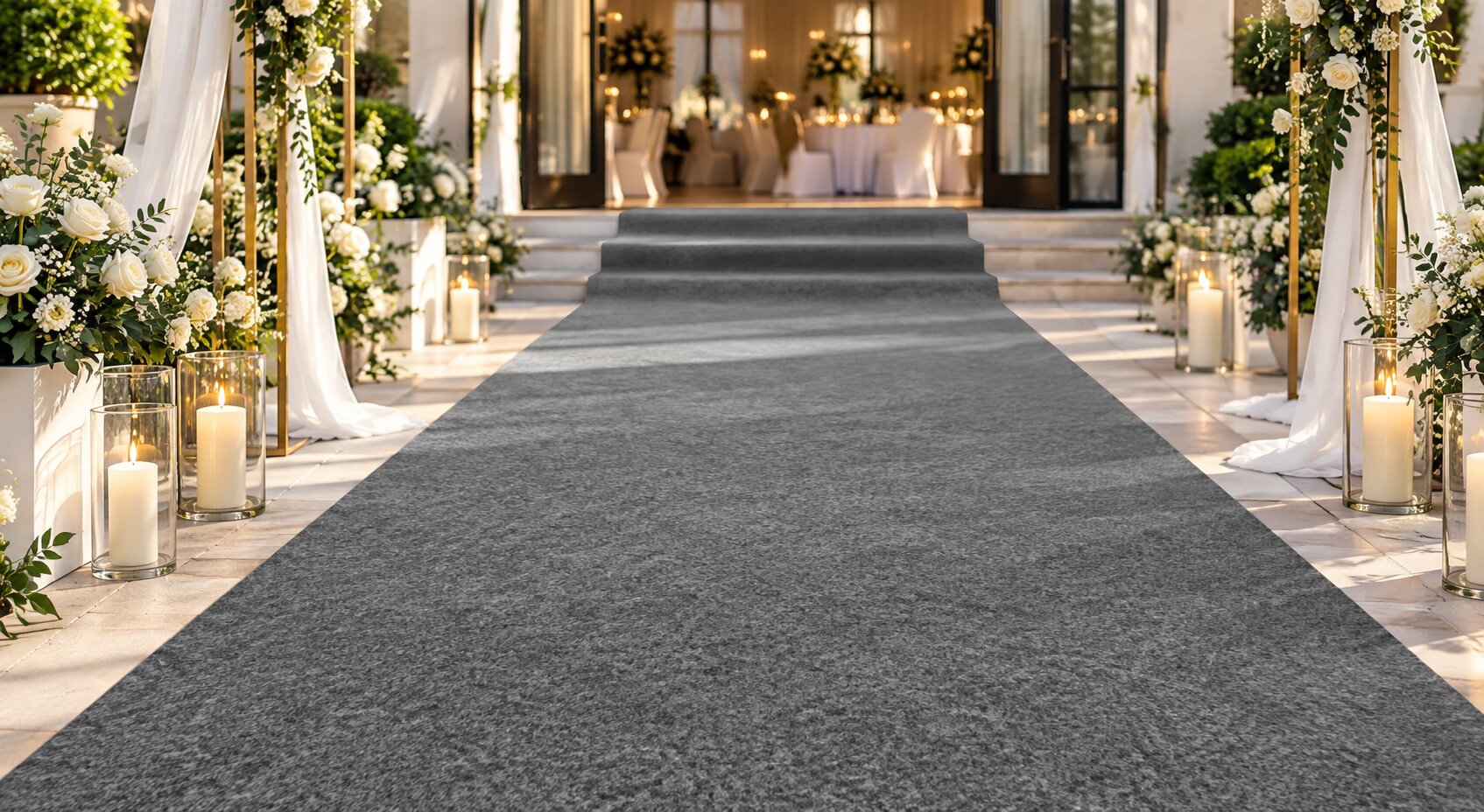 Symbolbild: grauer Hochzeitsteppich als Läufer über Steinplatten zum Festsaal, mit Kerzen und weißen Blumen