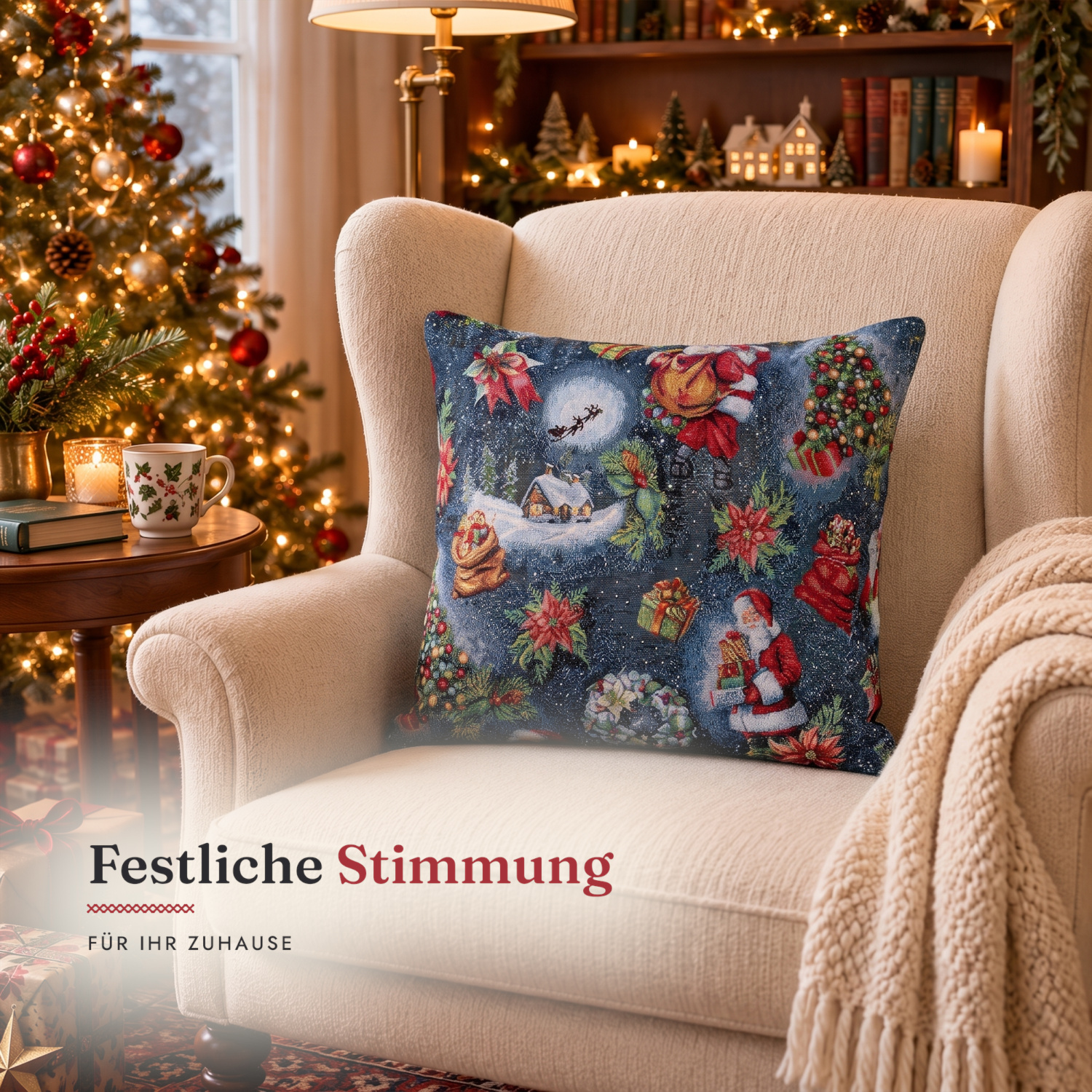 Kissenhülle Weihnachten gewebt Weihnachtsmann – 40 x 40 cm