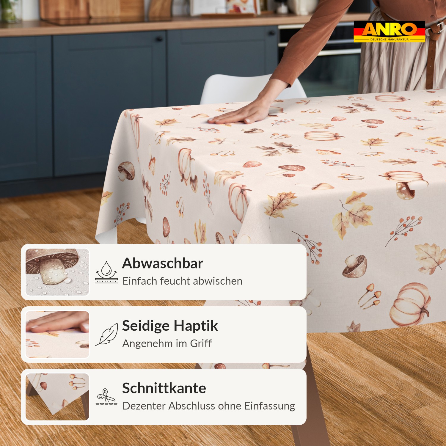 Wachstuch Tischdecke Herbst abwaschbar Kürbis Pilze Crème – eckig