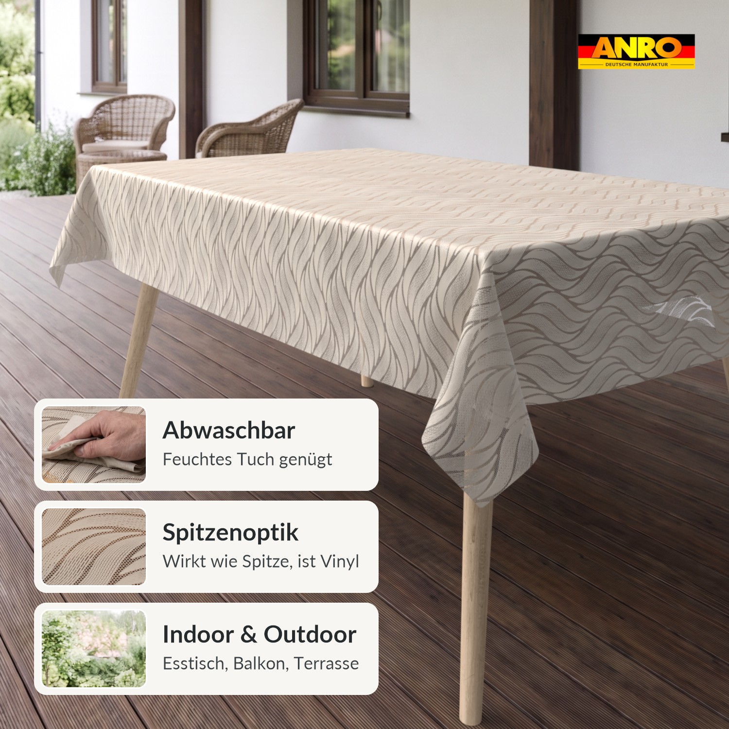 Wachstuch Tischdecke abwaschbar Lace Vinyl Wellenmuster Carmen Creme-Weiß