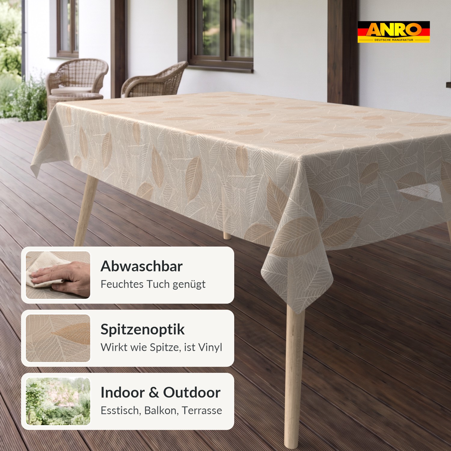 PTL0763F_SQ_20 Wachstischdecke Lace Vinyl Tischdecke abwaschbar Blattmuster Pilar Creme-Taupe