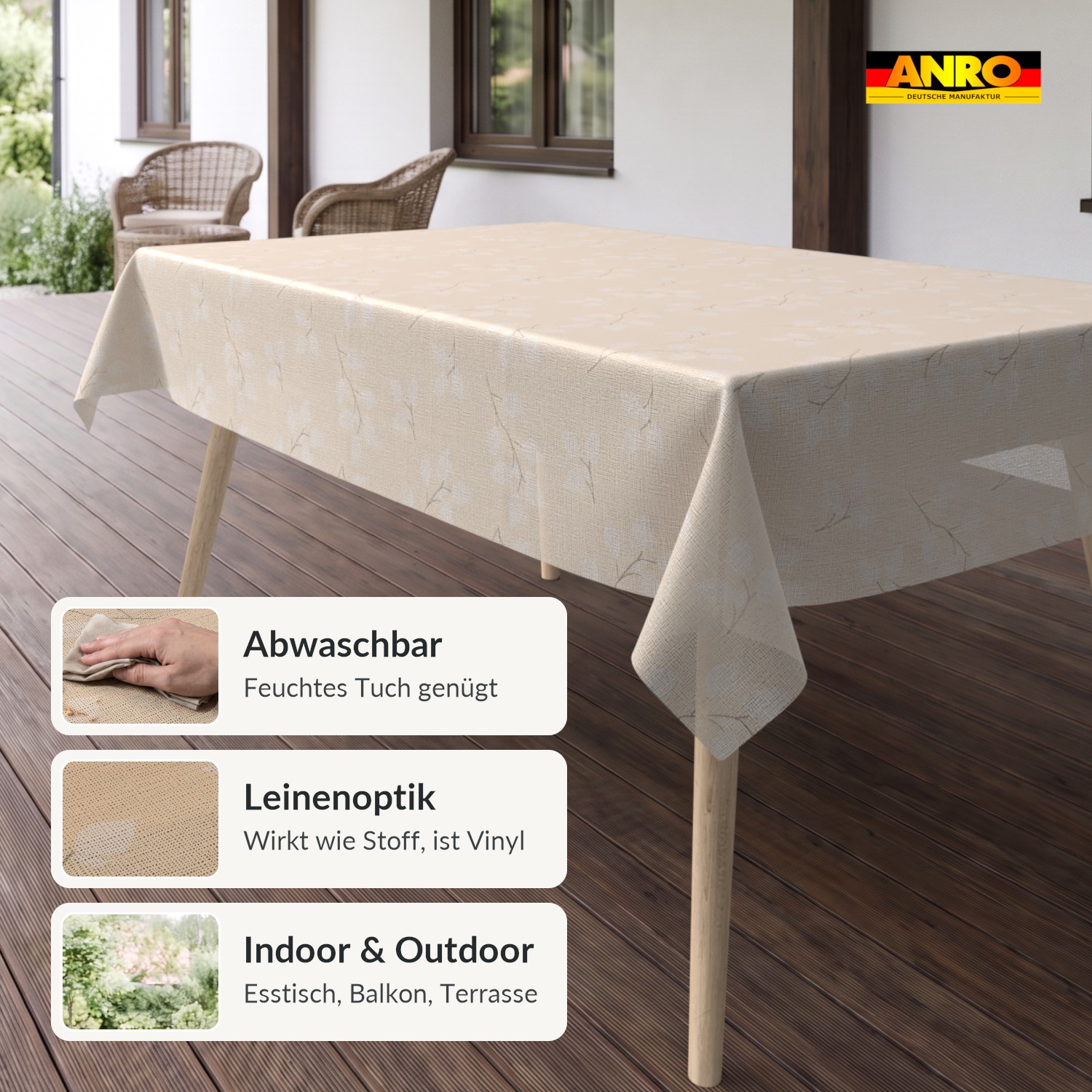 Wachstischdecke Lace Vinyl Tischdecke abwaschbar Leinenoptik Luisa Beige
