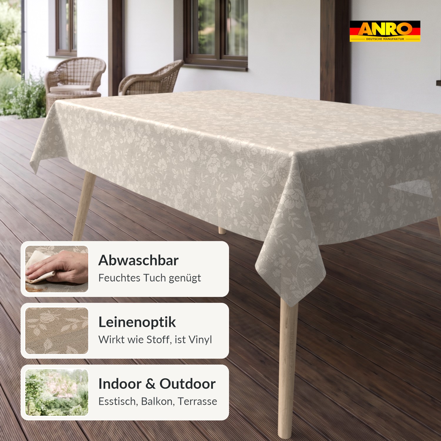 PTL6712F_SQ_20 Wachstischdecke Lace Vinyl Tischdecke abwaschbar Blütenmuster Dora Grau