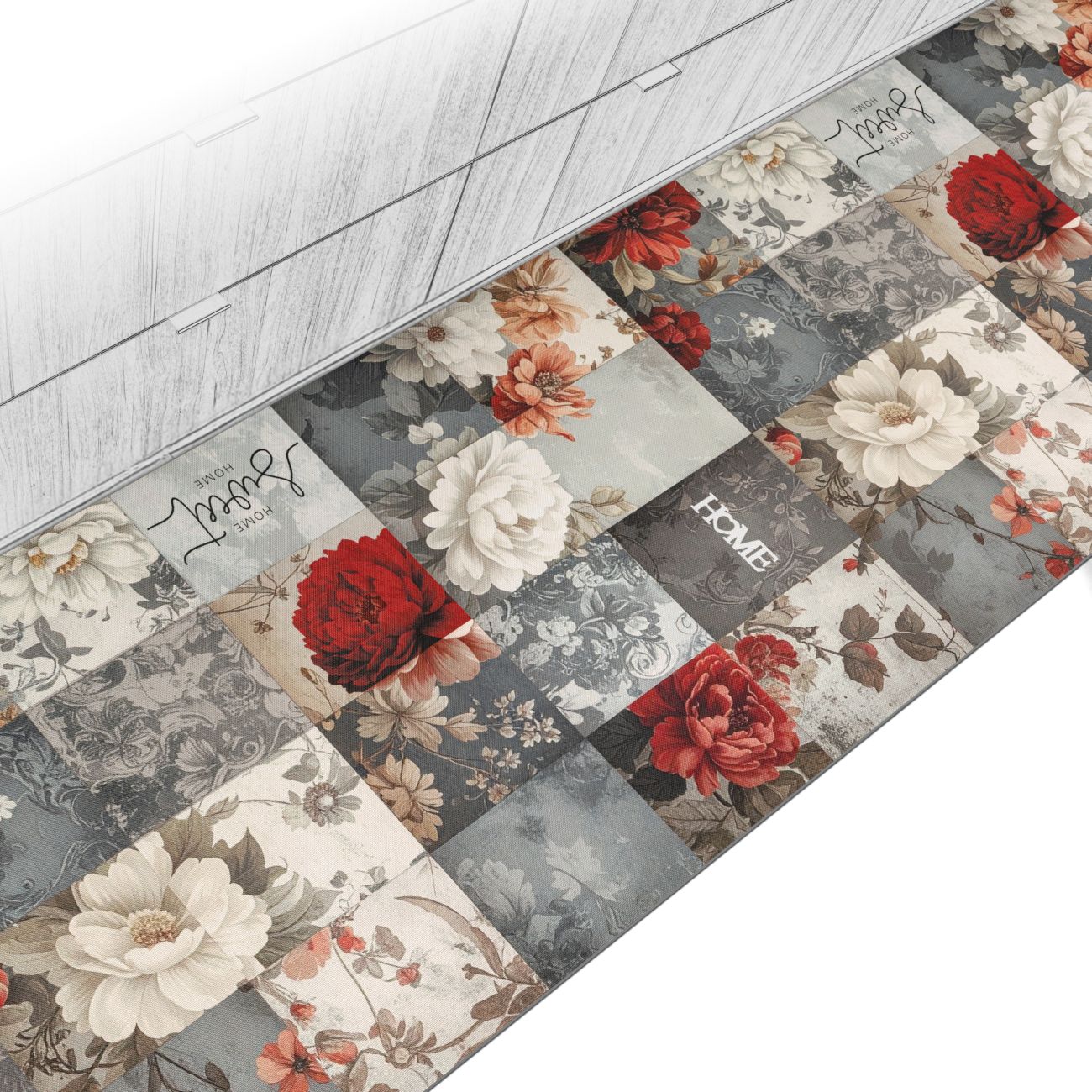 TGLAUF444_12A Küchenläufer waschbar Küchenteppich rutschfest Blumen Patchwork Rot Grau 52 cm Breite