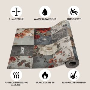 Küchenläufer waschbar Küchenteppich rutschfest Blumen Patchwork Rot Grau 52 cm Breite