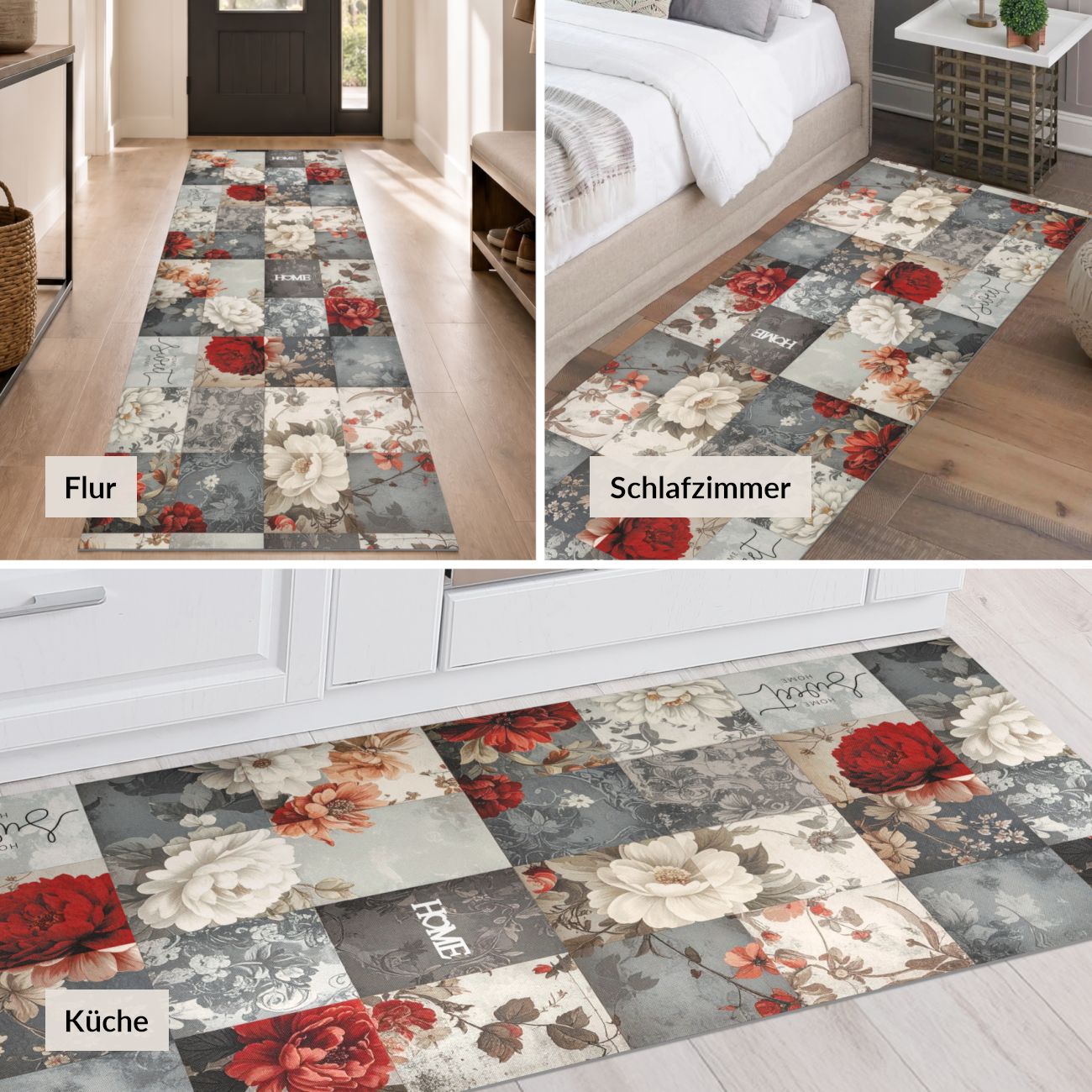 TGLAUF444_50 Küchenläufer waschbar Küchenteppich rutschfest Blumen Patchwork Rot Grau 52 cm Breite
