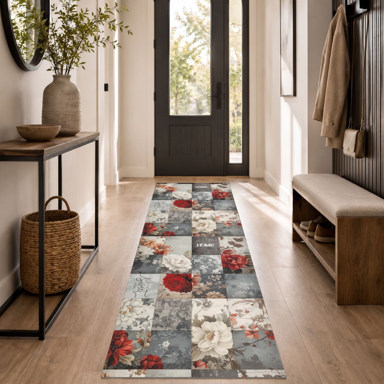 TGLAUF444_70 Küchenläufer waschbar Küchenteppich rutschfest Blumen Patchwork Rot Grau 52 cm Breite