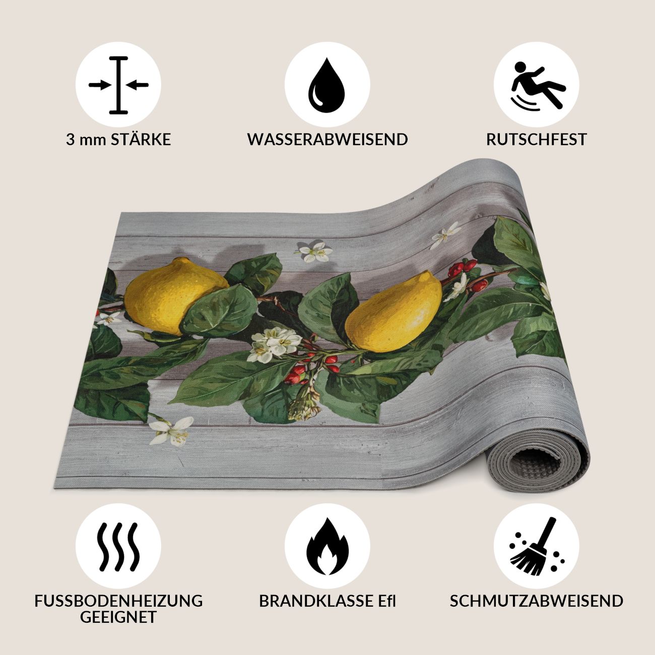 TGLAUF445_20 Küchenläufer waschbar Küchenteppich rutschfest Zitronen Holzoptik Grau 52 cm Breite